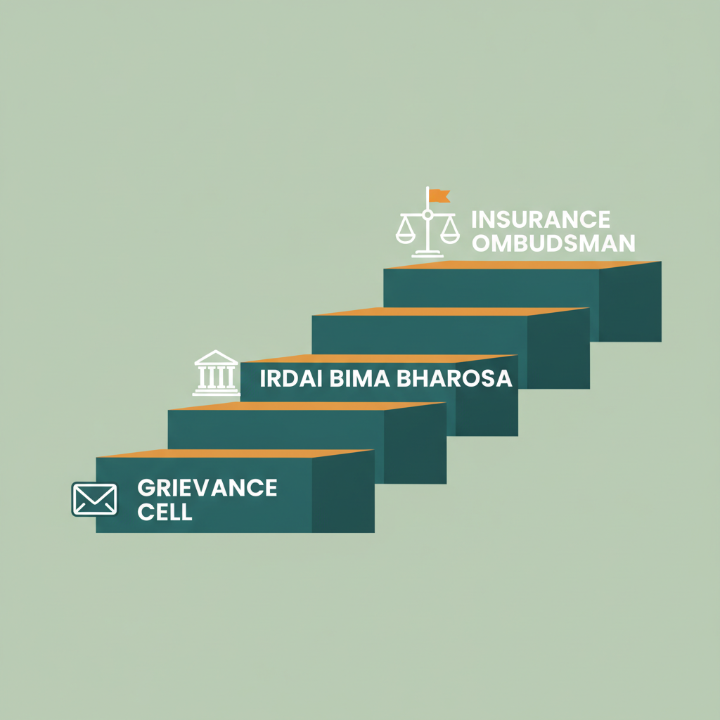 The free three-step escalation ladder: the insurer's grievance cell, then IRDAI Bima Bharosa, then the Insurance Ombudsman