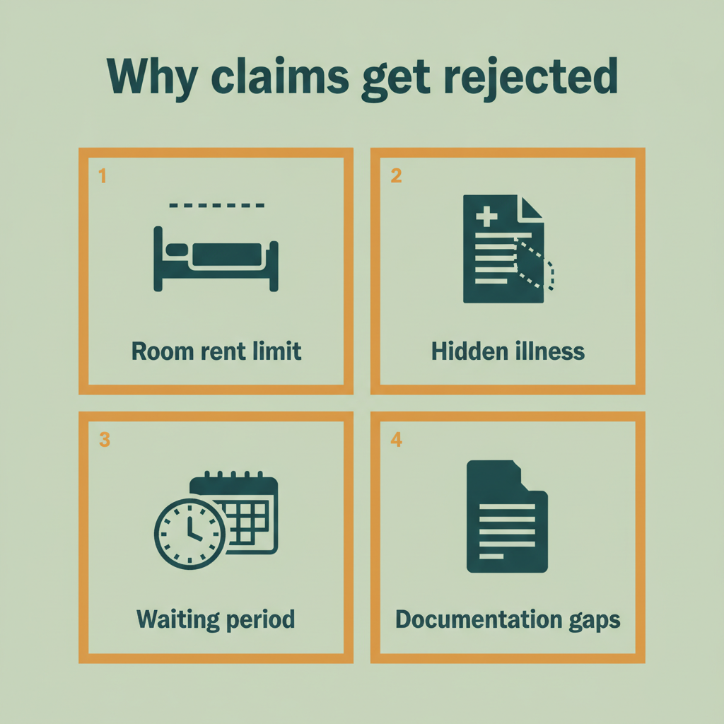 Four common reasons claims get rejected: room rent limit, hidden illness, waiting period and documentation gaps