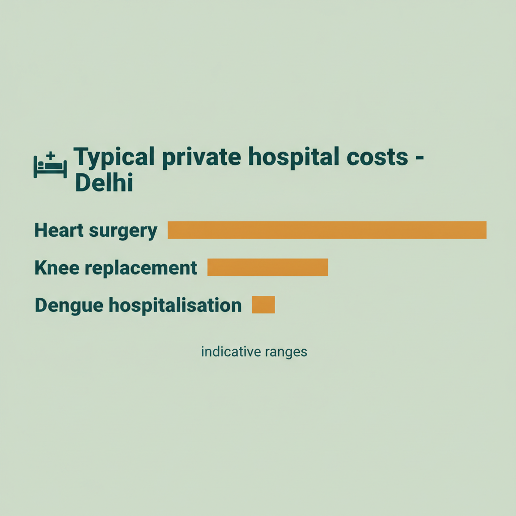 Indicative cost ranges at Delhi private hospitals: heart surgery costs the most, knee replacement less, dengue hospitalisation the least of the three