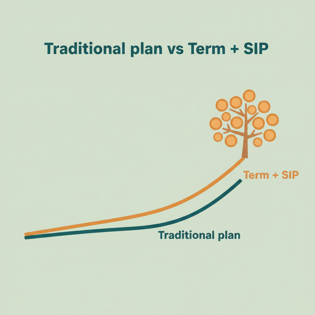 Illustrative 20-year growth comparison: a traditional insurance plan grows slowly while term insurance plus a mutual fund SIP compounds much higher