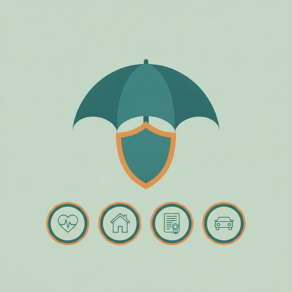 Umbrella and shield illustration protecting health, home, life and auto insurance