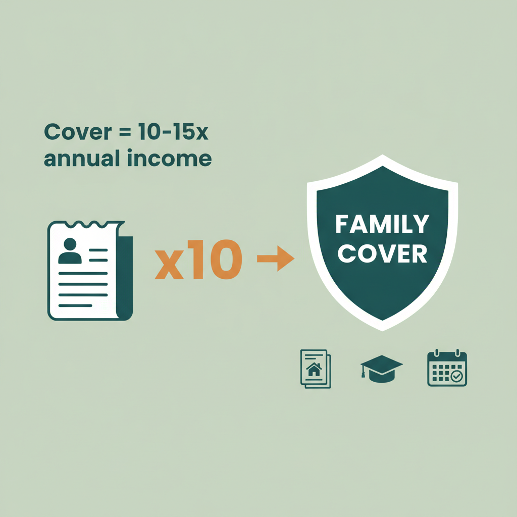 Cover sizing rule of thumb: ten to fifteen times annual income, so family cover handles the home loan, education and monthly expenses