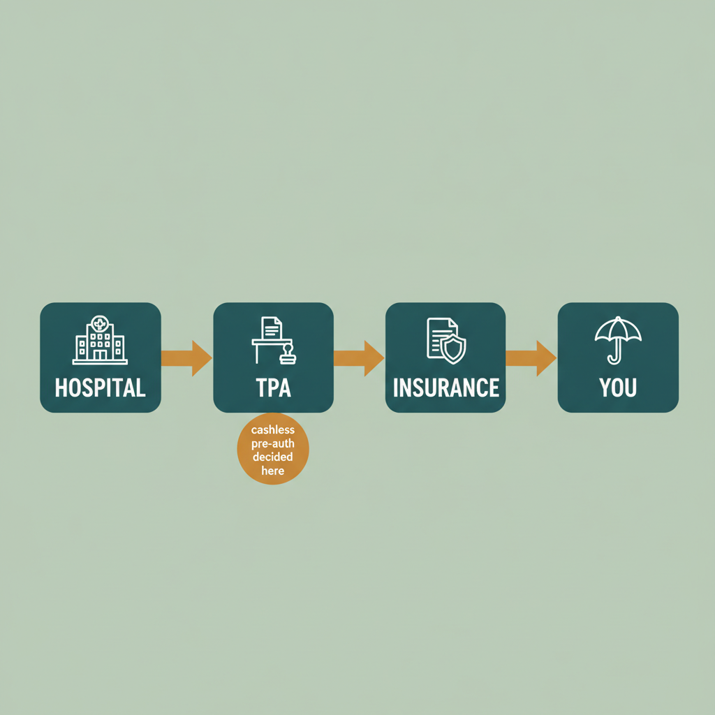 How a cashless health claim flows: hospital to TPA to insurer to you — the cashless pre-authorisation is decided at the TPA